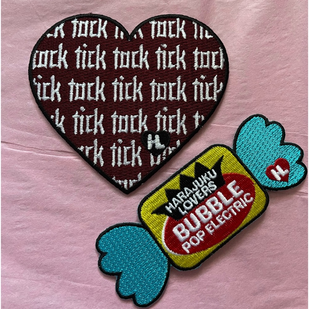 Two Harajuku Patches Tick Tock Heart & Bubble Pop Electric gum